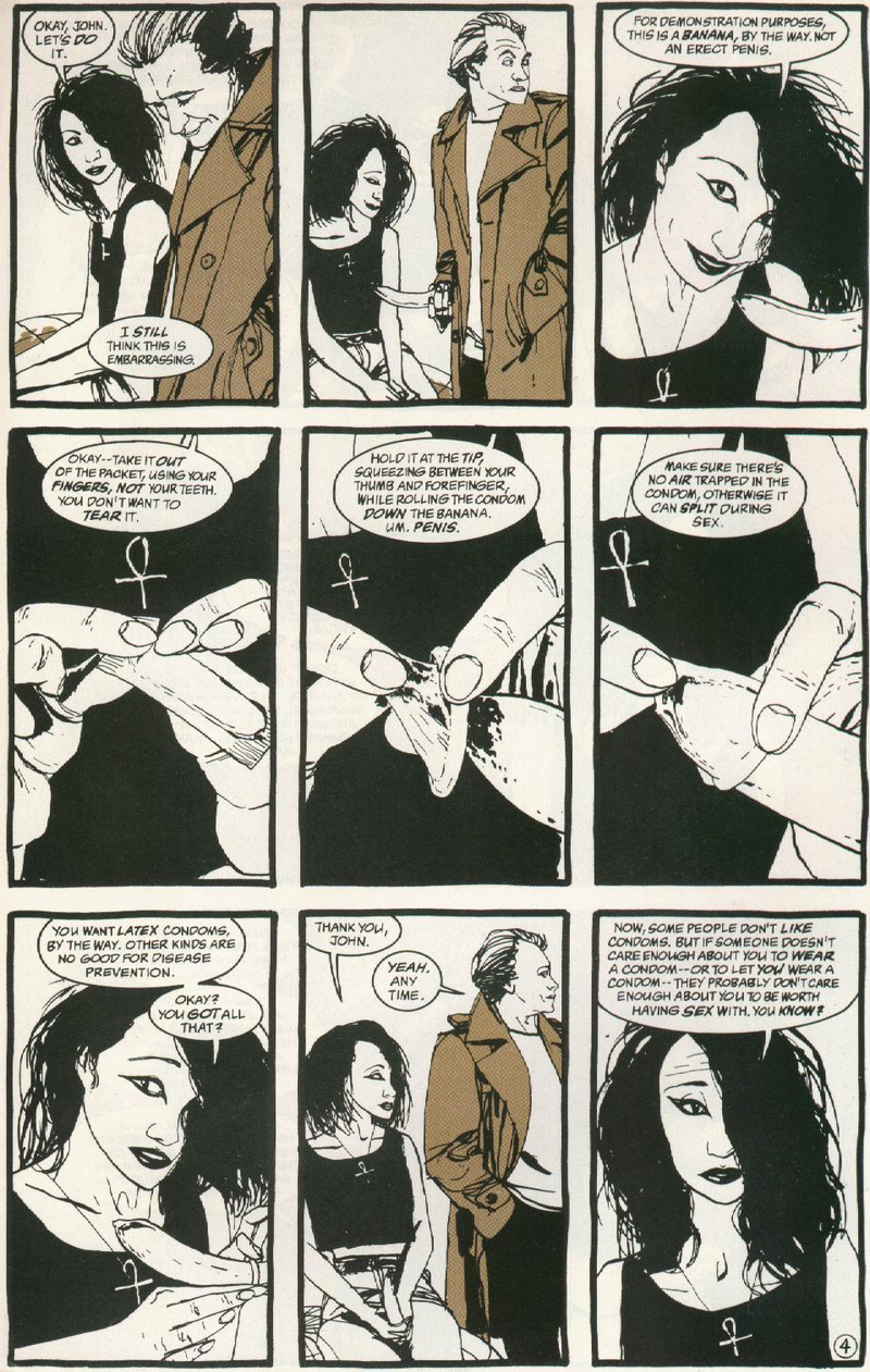 Illustration for article titled Neil Gaiman's 1994 safe sex PSA starring Death from Sandman and John Constantine